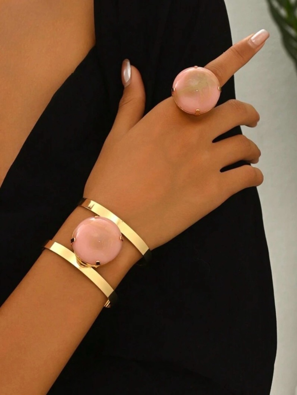 Gold Bracelet and Ring Set with Pink Stone - Women's Jewelry